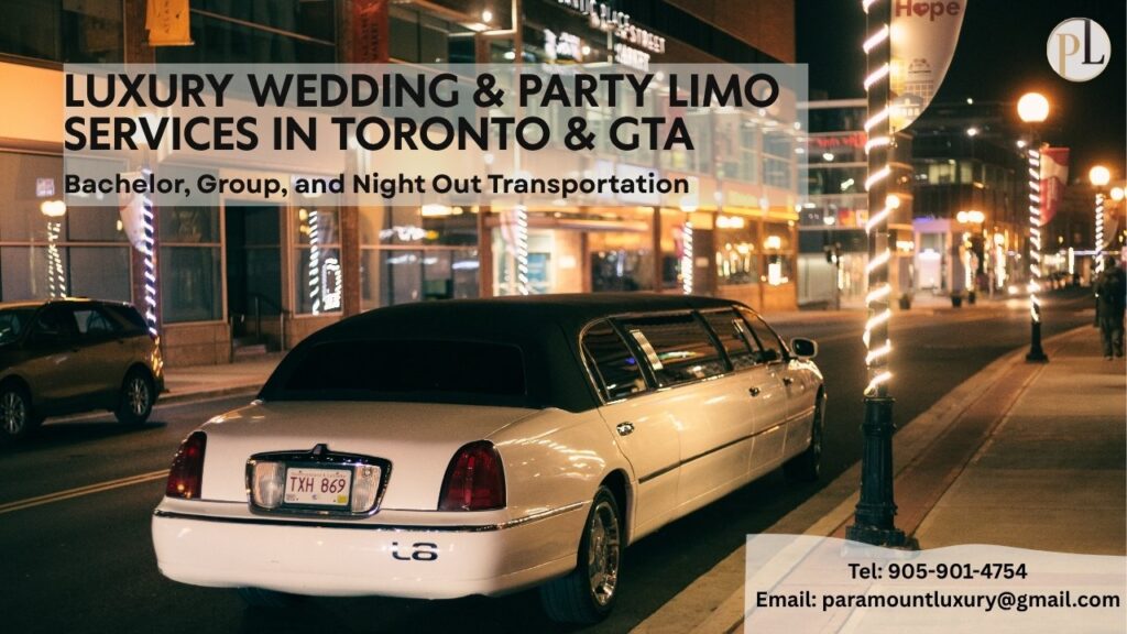 White stretch limousine parked on a well-lit city street at night, promoting luxury wedding and party limo services in Toronto and GTA.