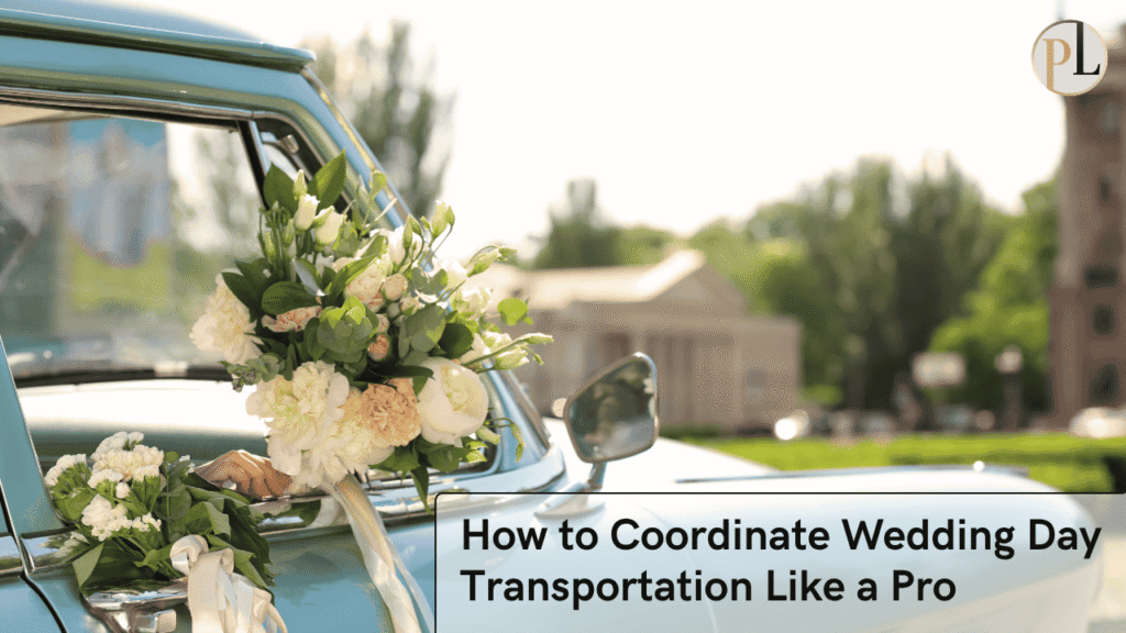Wedding day transportation coordination guide featuring luxury limousine with floral decorations and professional wedding car service tips